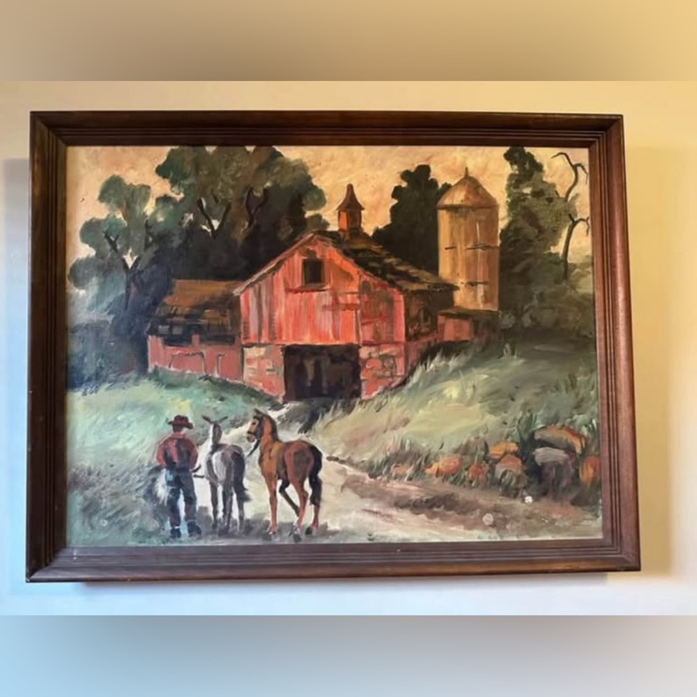 Original Art Canvas Rustic Barn Farm Cowboy Signed Framed